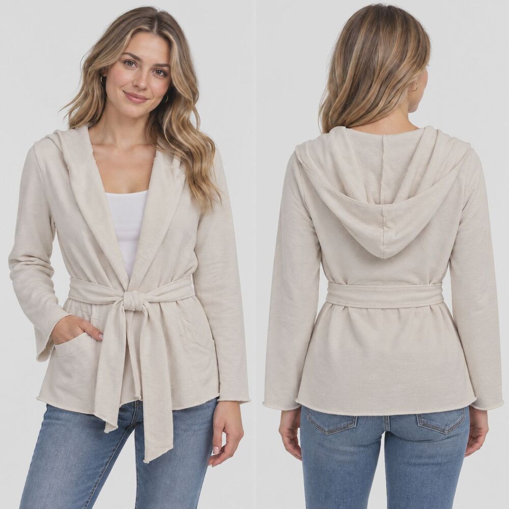Lucky Brand Womens S Cream Cotton Hooded Wrap Cardigan Belted Boho Jacket